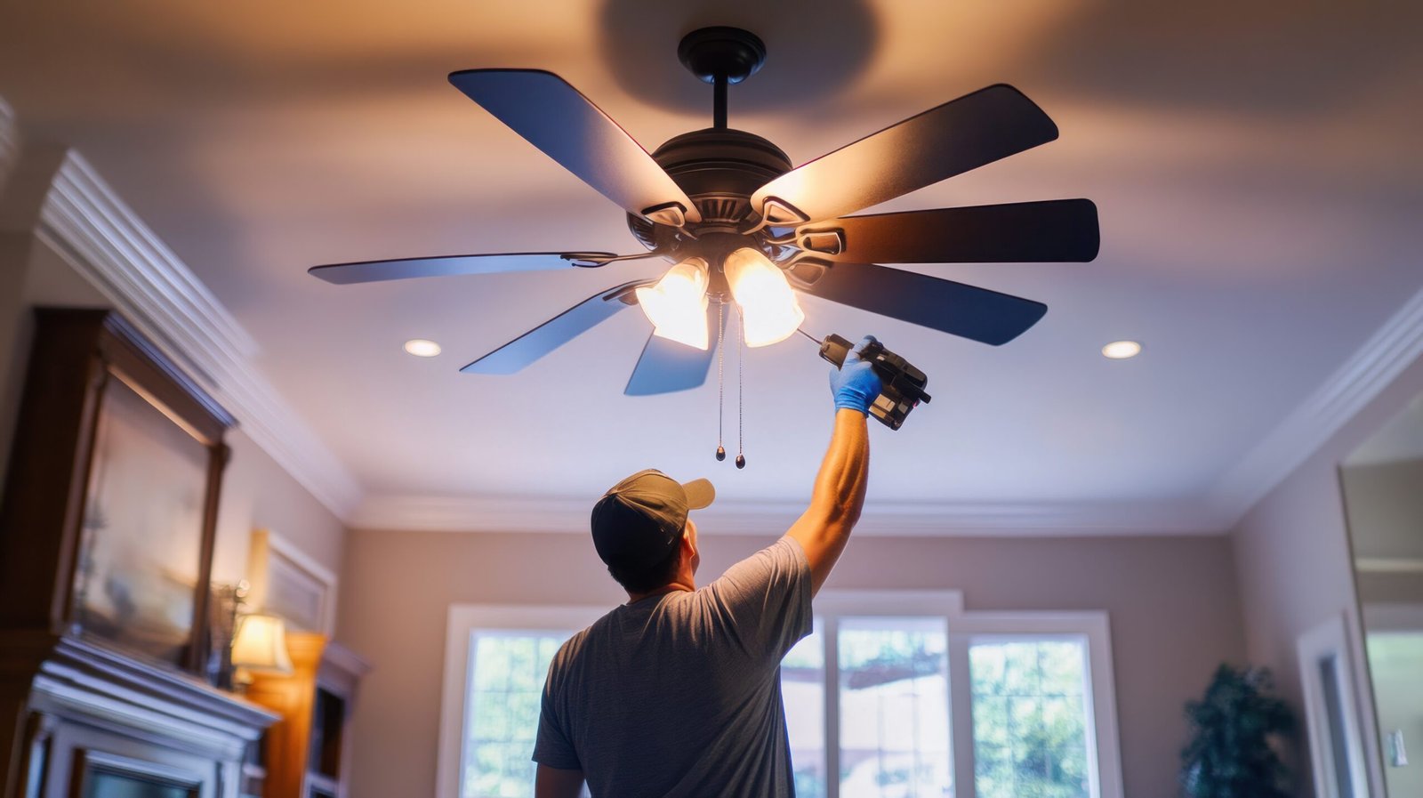 electrician installing a ceiling fan in a home