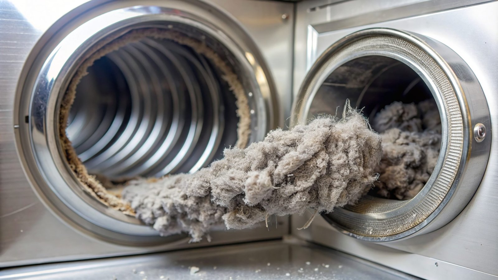 a large clump of grey lint has built up and is overflowing from the dryer vent. dryer, lint, vent, cleaning, grey, overflow, machine, appliance, home, house