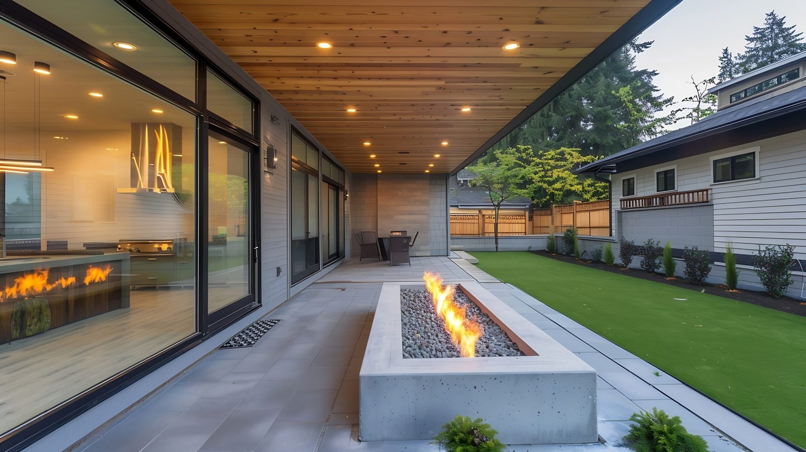 new modern home features backyard with covered patio accented with wood plank ce generative ai