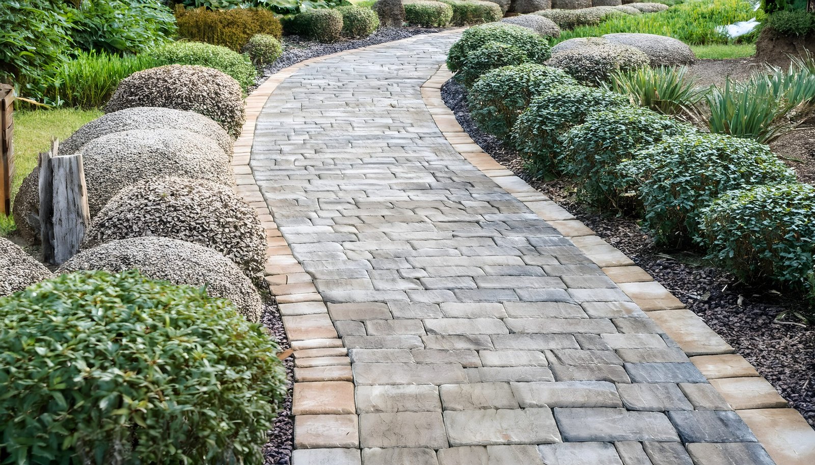 stone pathway lined with lush green shrubs garden
