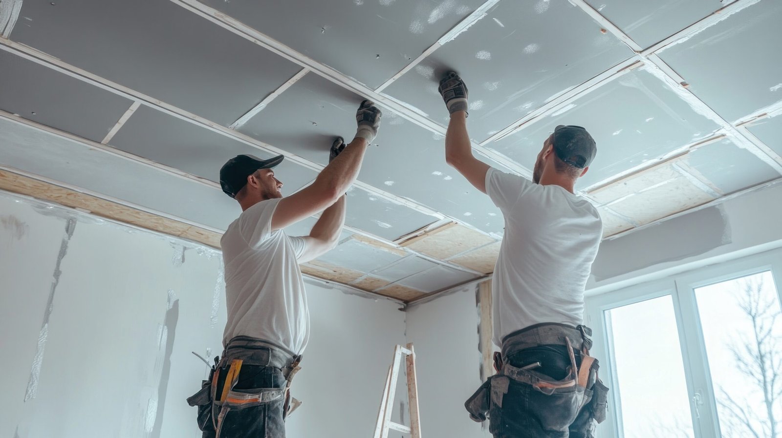 two construction workers installing drywall ceiling